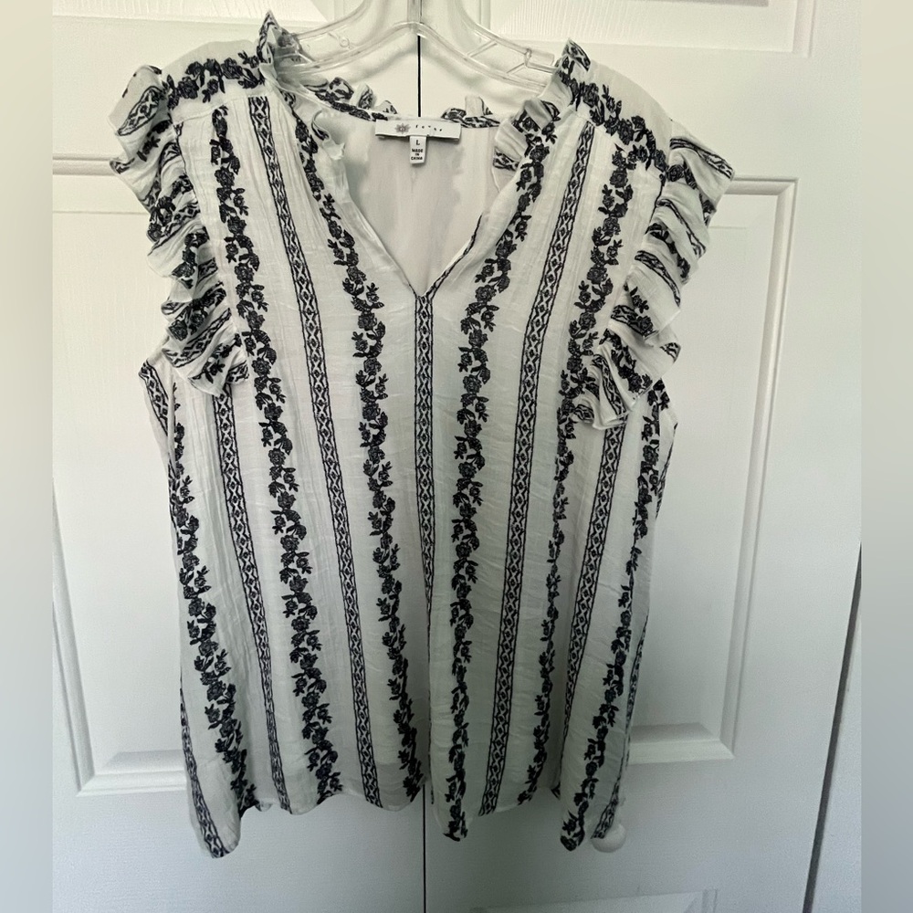 Fever Navy and White Sleeveless Ruffle Top